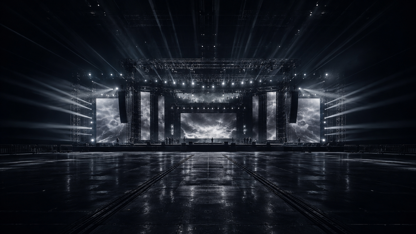 Large concert stage illuminated with cinematic lighting and LED production