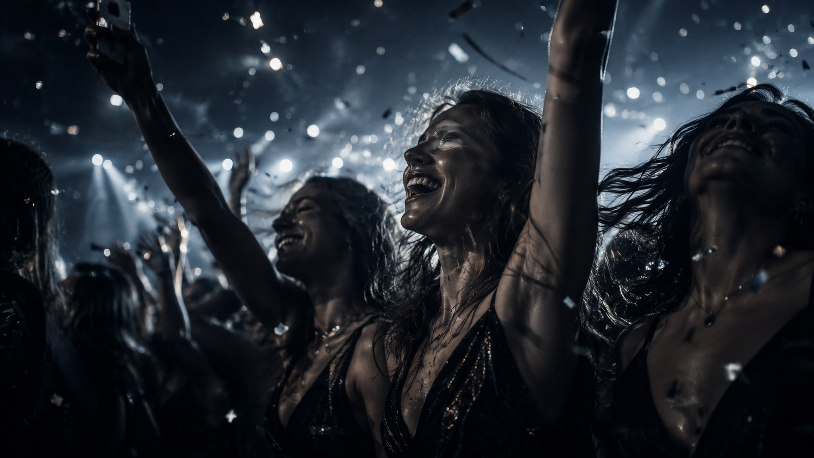 Concert audience celebrating under stage lights and confetti during a live experience
